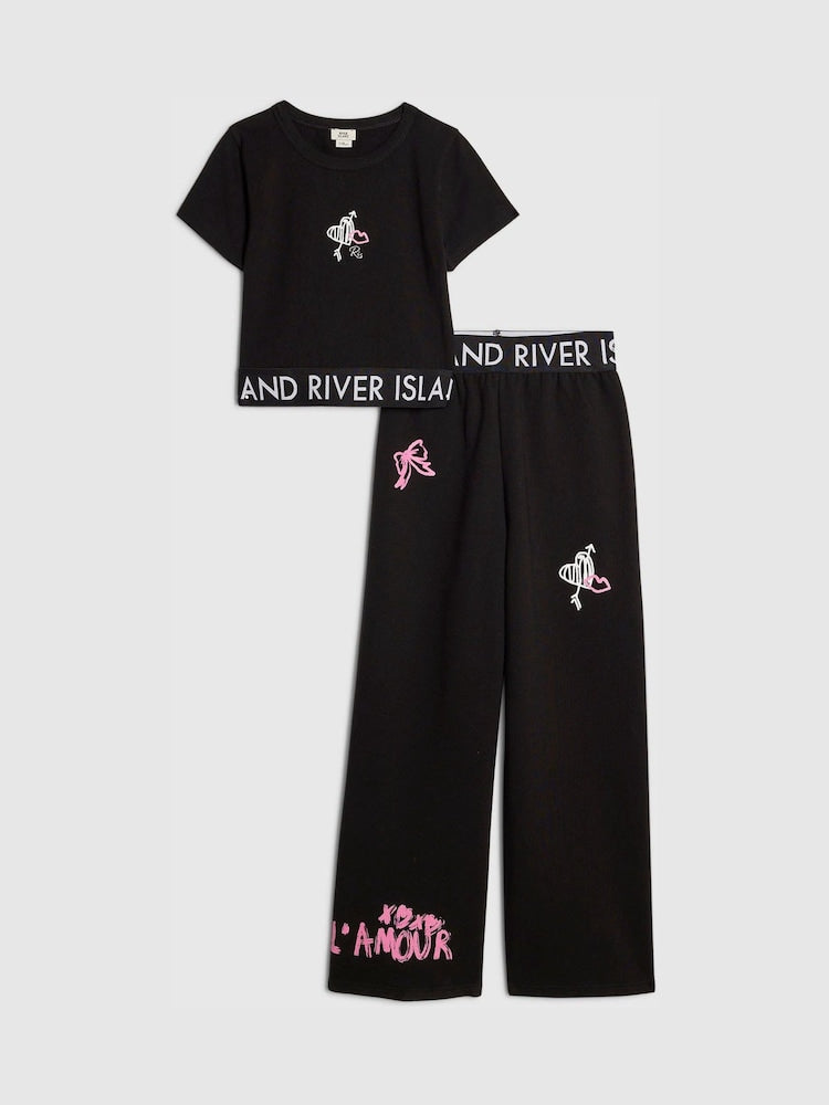 River Island Black Grafitti Waistband Crop Top & Wide Leg Joggers Set