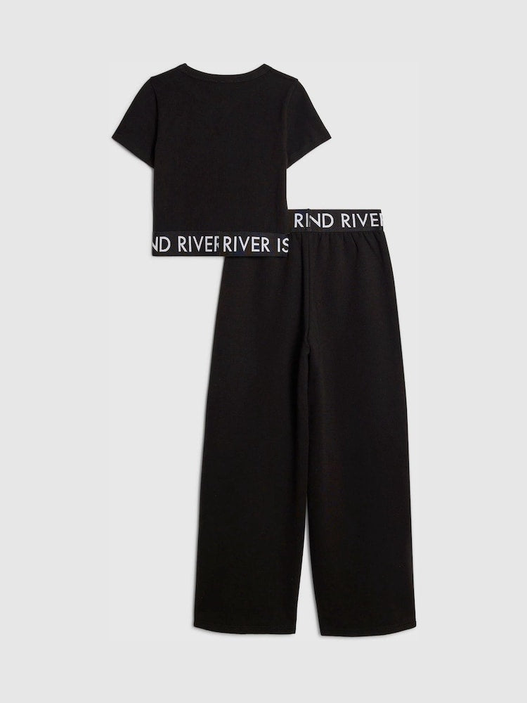River Island Black Grafitti Waistband Crop Top & Wide Leg Joggers Set