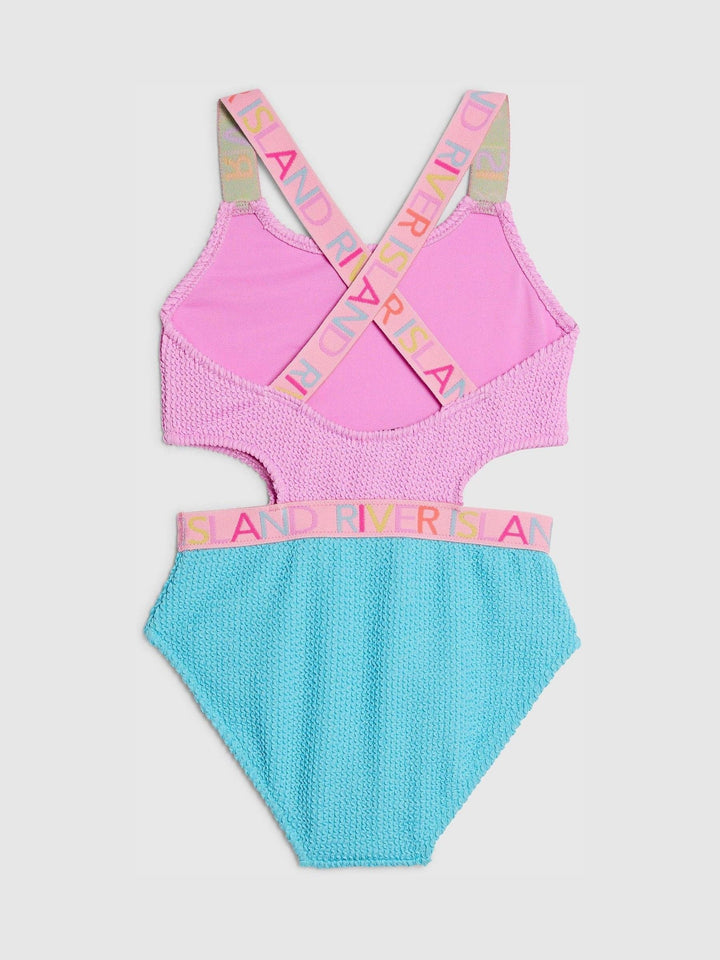 River Island Pink Colour Block Textured Logo Swimsuit