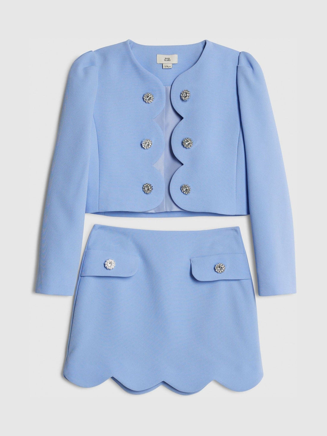 River Island Blue Boucle Scallop Blazer & Skirt Set
