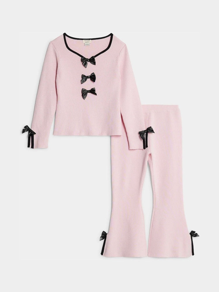 River Island Pink Long Sleeve Bow Top & Trousers Set