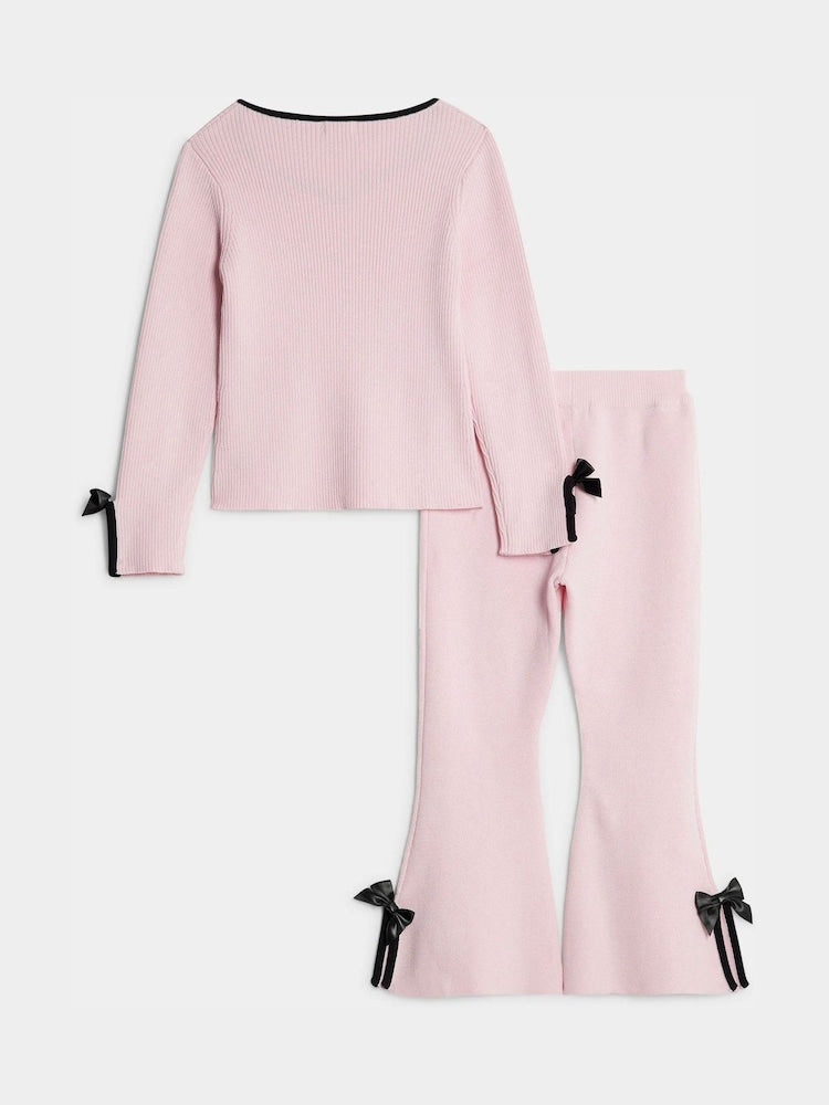 River Island Pink Long Sleeve Bow Top & Trousers Set