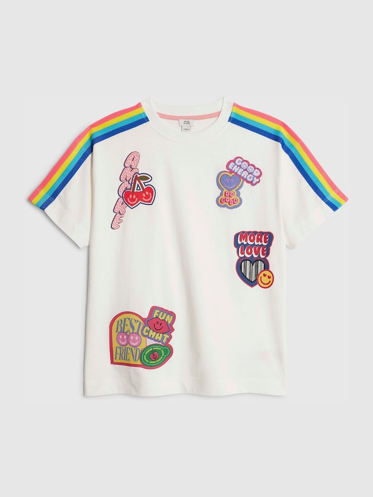 River Island White Badge Boyfriend Fit T-Shirt