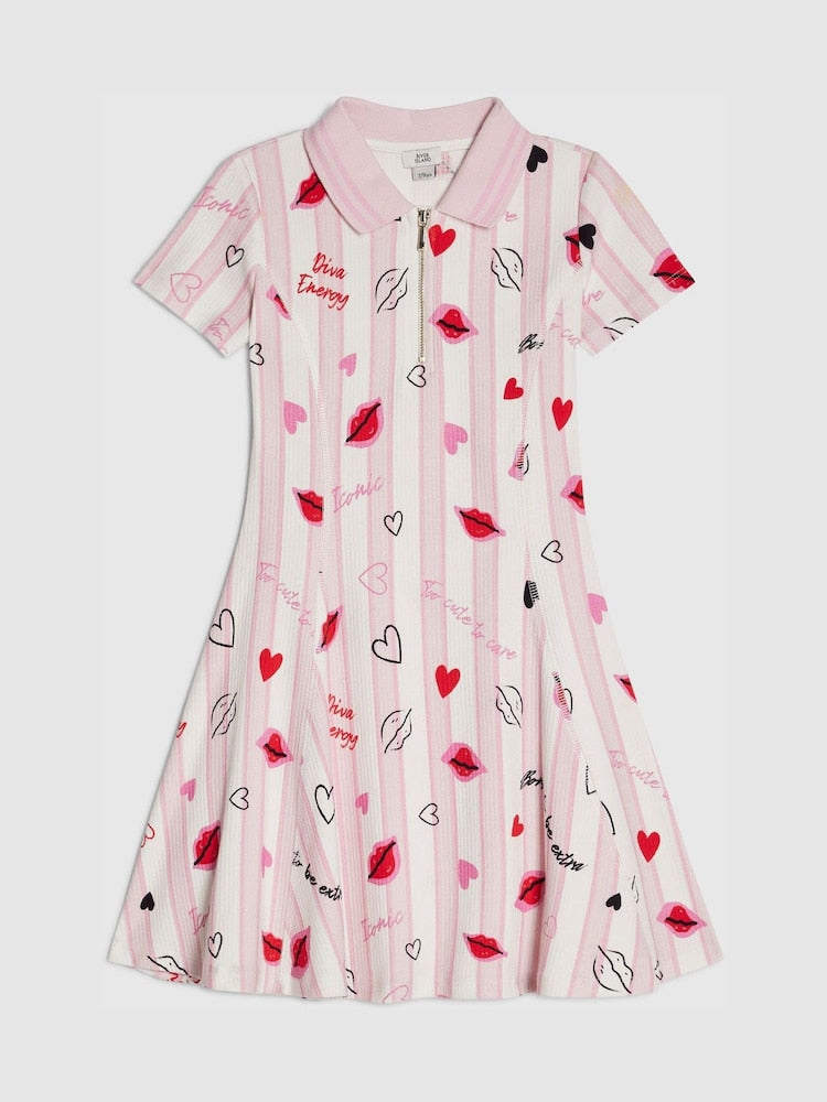 River Island Pink Stripe Lip & Hearts Print Polo Dress - Image 1 of 4