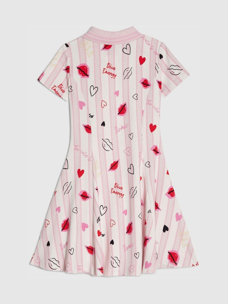 River Island Pink Stripe Lip & Hearts Print Polo Dress - Image 1 of 4