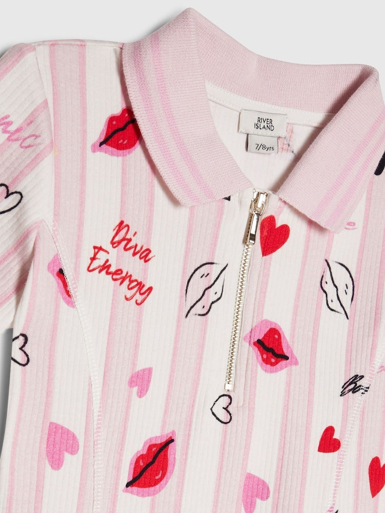 River Island Pink Stripe Lip & Hearts Print Polo Dress - Image 4 of 4