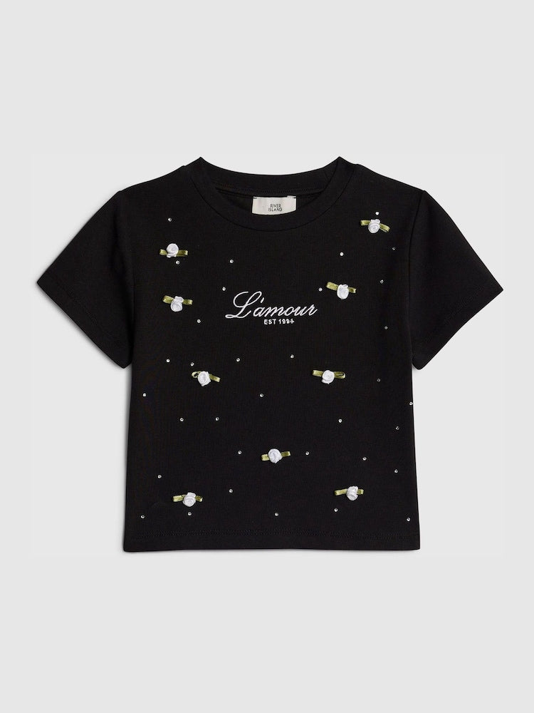 River Island Black Lamour Rosette Baby T-Shirt