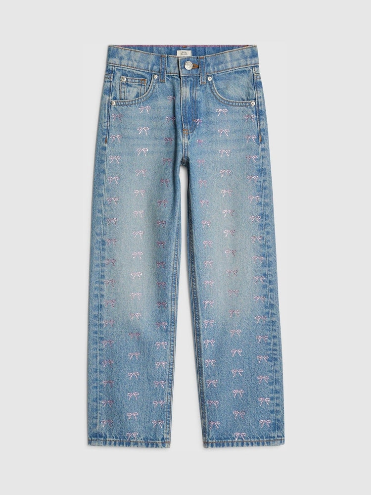 River Island Blue Bow Hotfix Straight Leg Jeans