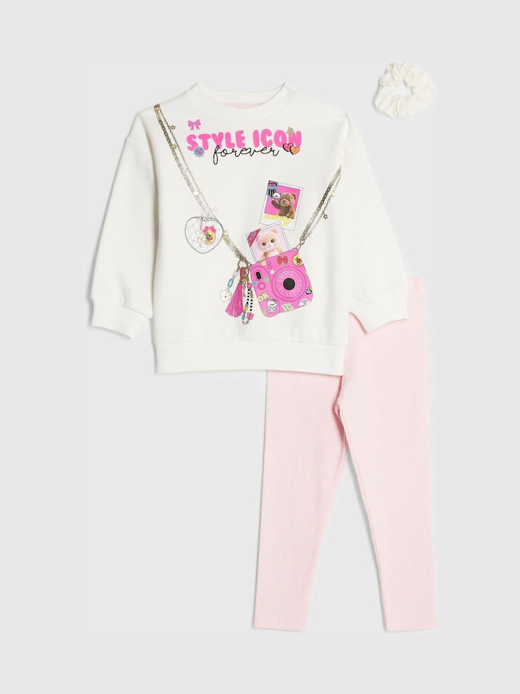River Island Cream Style Icon Camera Bag Sweatshirt & Leggings Set
