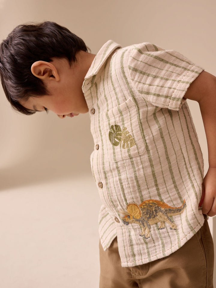 Ecru Striped Dino Short Sleeve Shirt (3mths-7yrs)