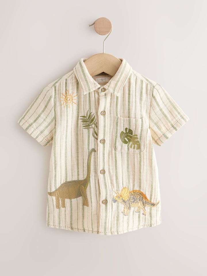 Ecru Striped Dino Short Sleeve Shirt (3mths-7yrs)