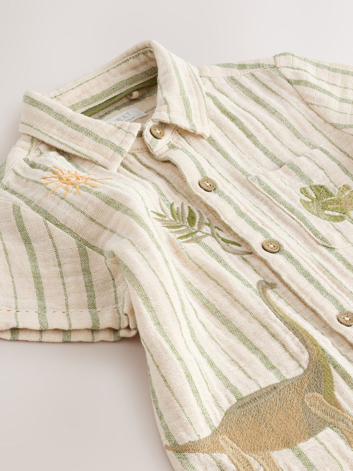 Ecru Striped Dino Short Sleeve Shirt (3mths-7yrs)