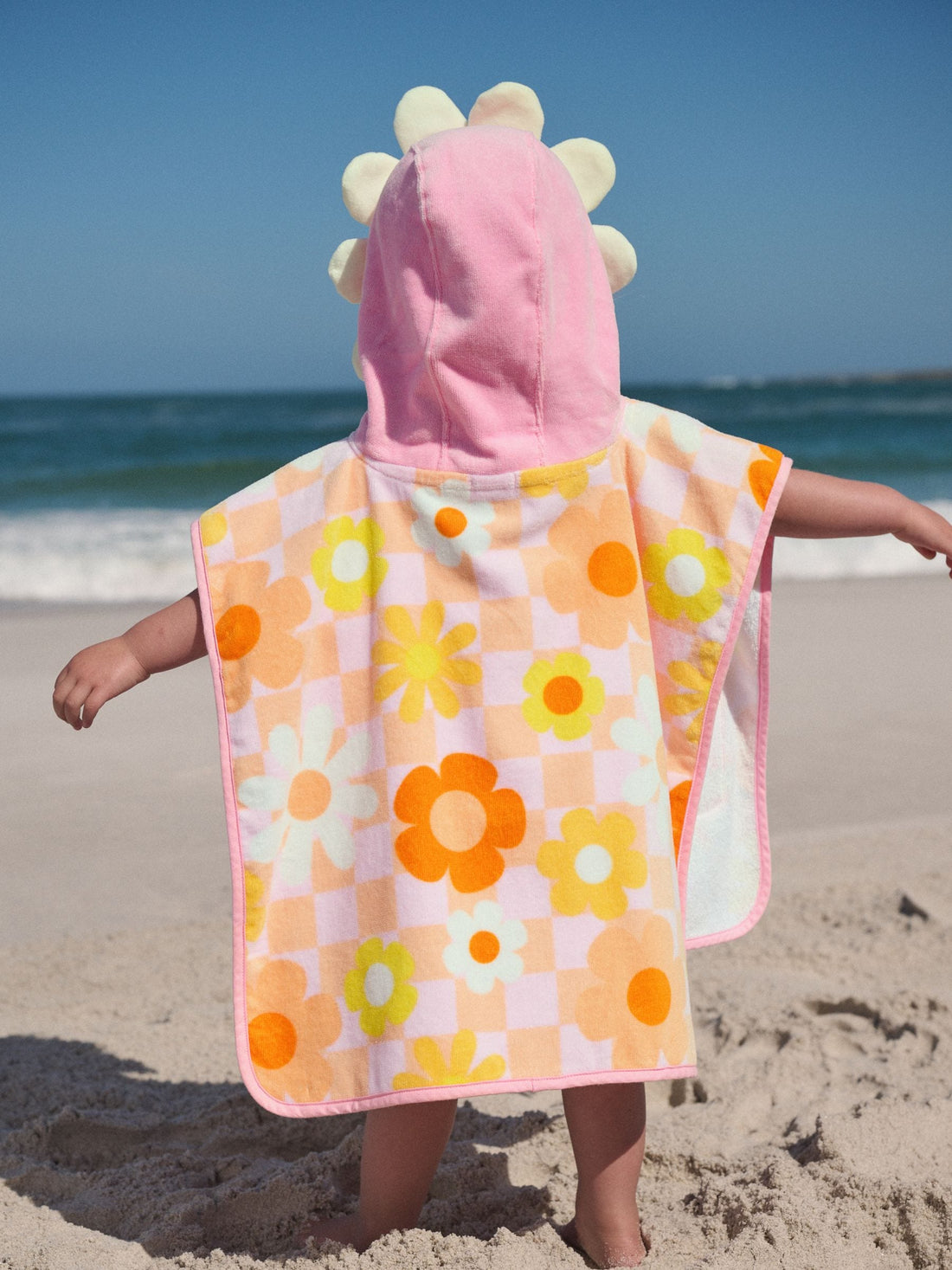 Pink/Orange Checkerboard Floral Towelling Poncho (9mths-10yrs)