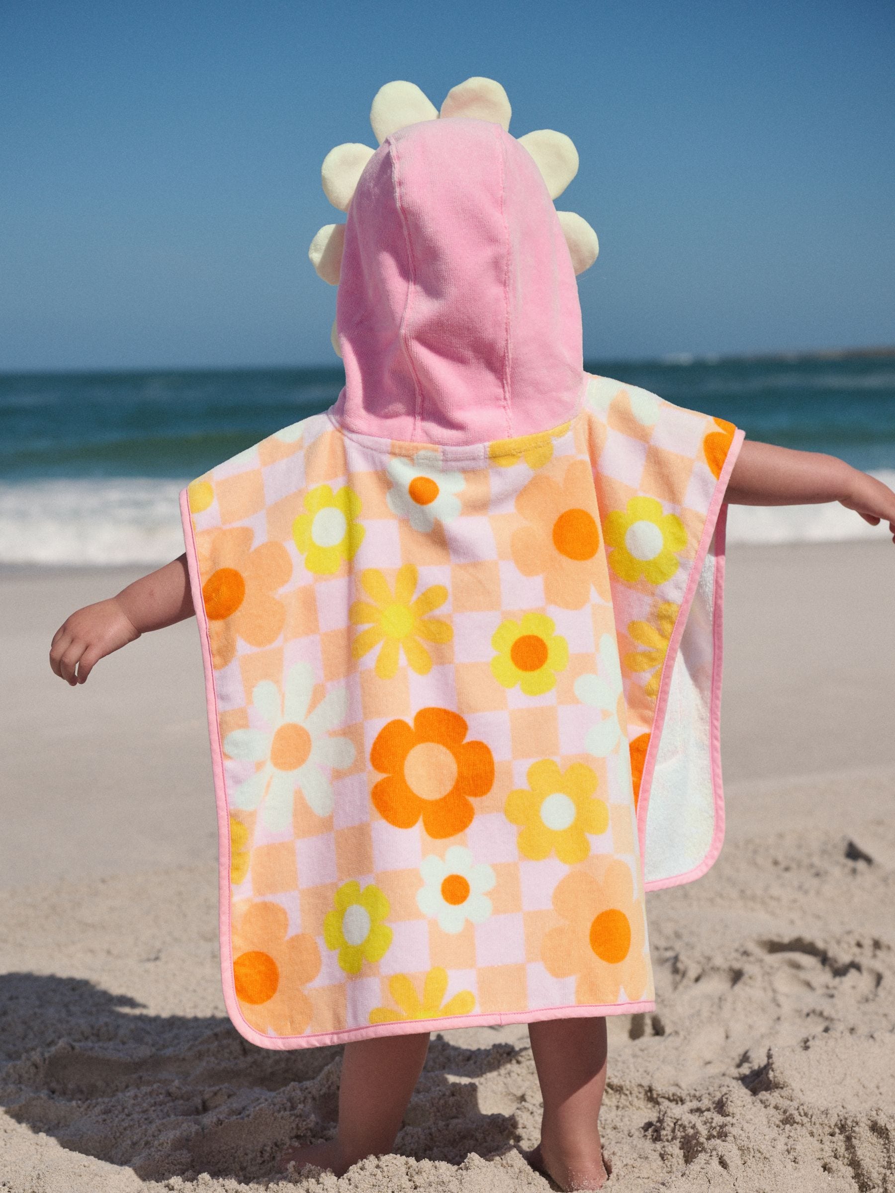 Pink/Orange Checkerboard Floral Towelling Poncho (9mths-10yrs)
