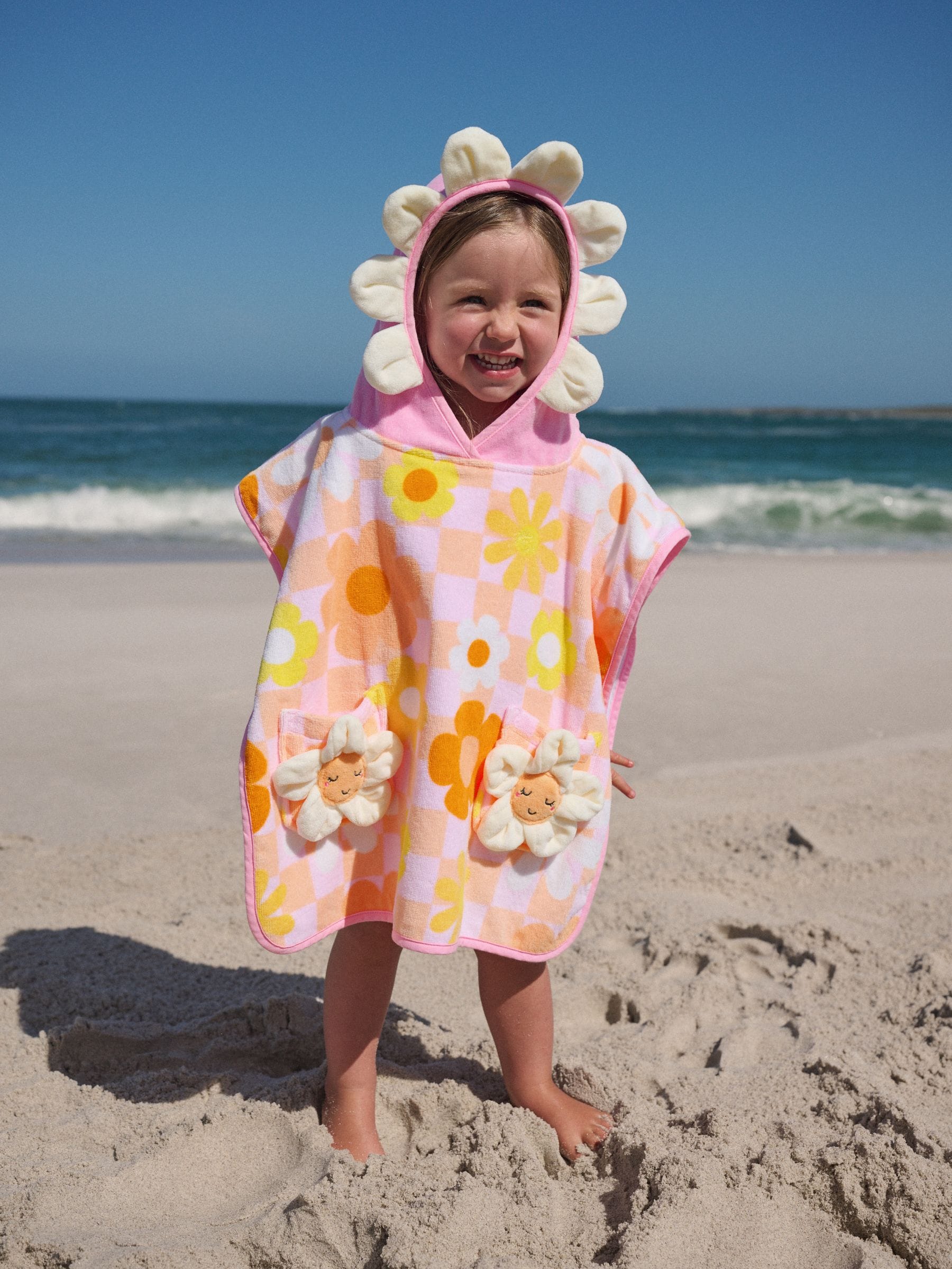 Pink/Orange Checkerboard Floral Towelling Poncho (9mths-10yrs)