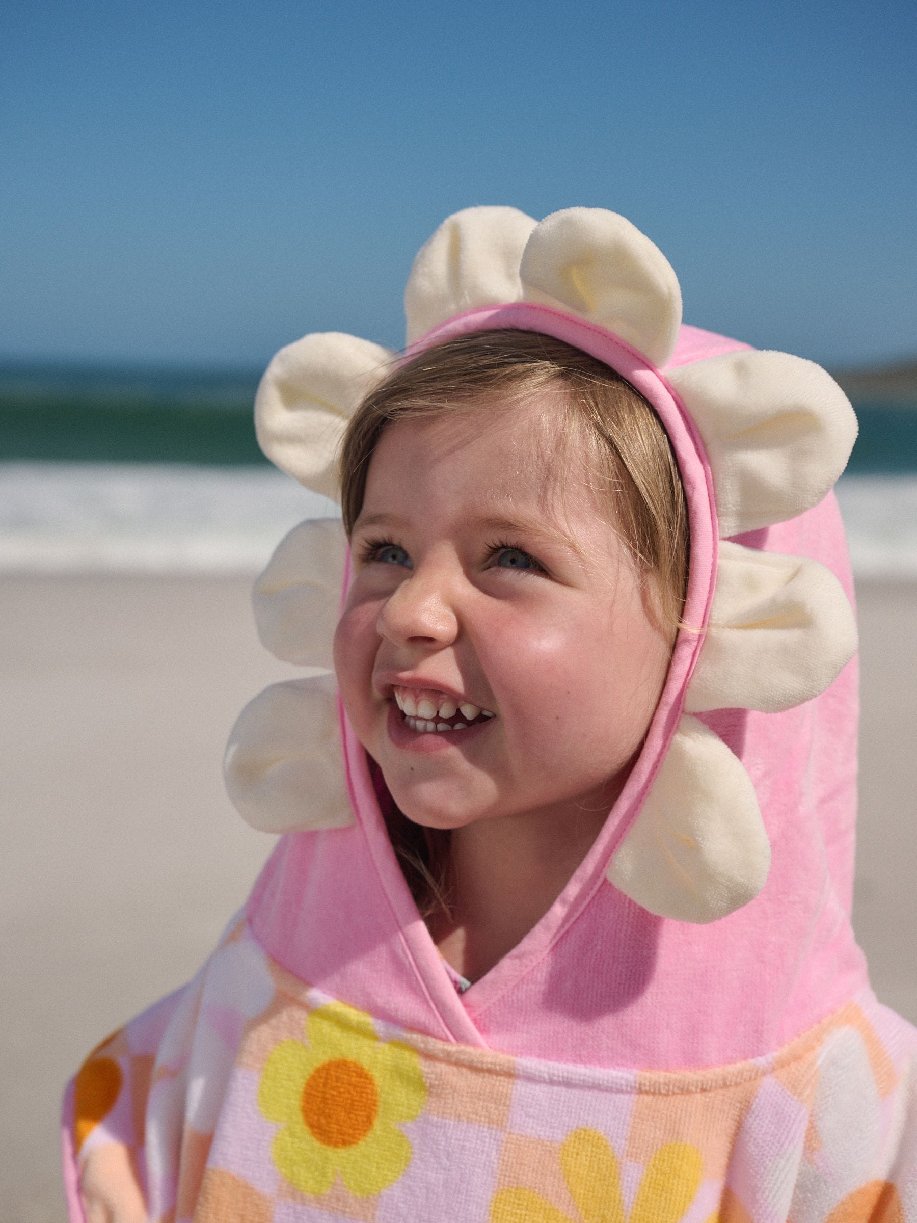 Pink/Orange Checkerboard Floral Towelling Poncho (9mths-10yrs)