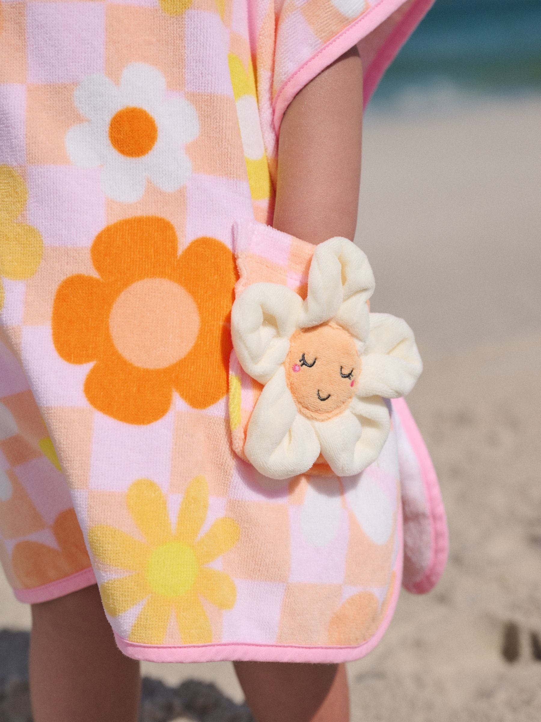 Pink/Orange Checkerboard Floral Towelling Poncho (9mths-10yrs)