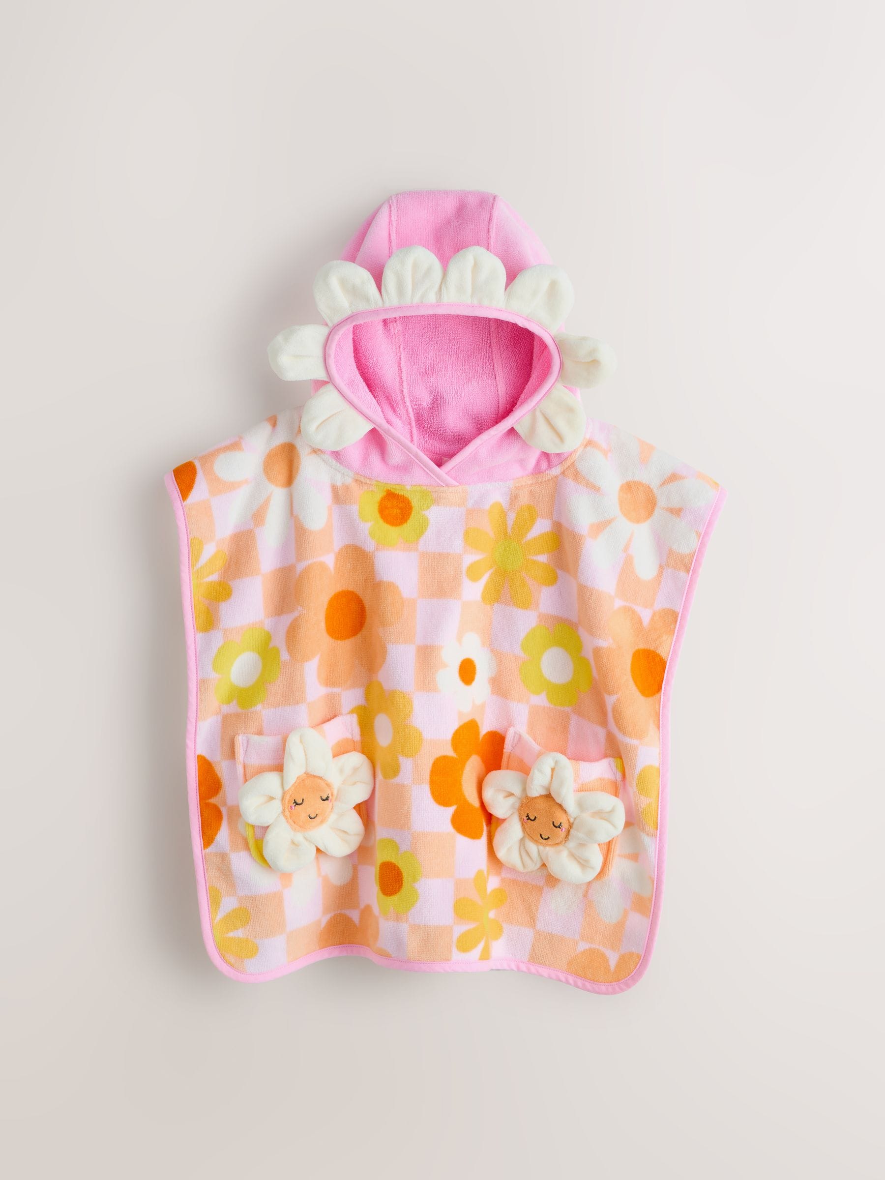 Pink/Orange Checkerboard Floral Towelling Poncho (9mths-10yrs)