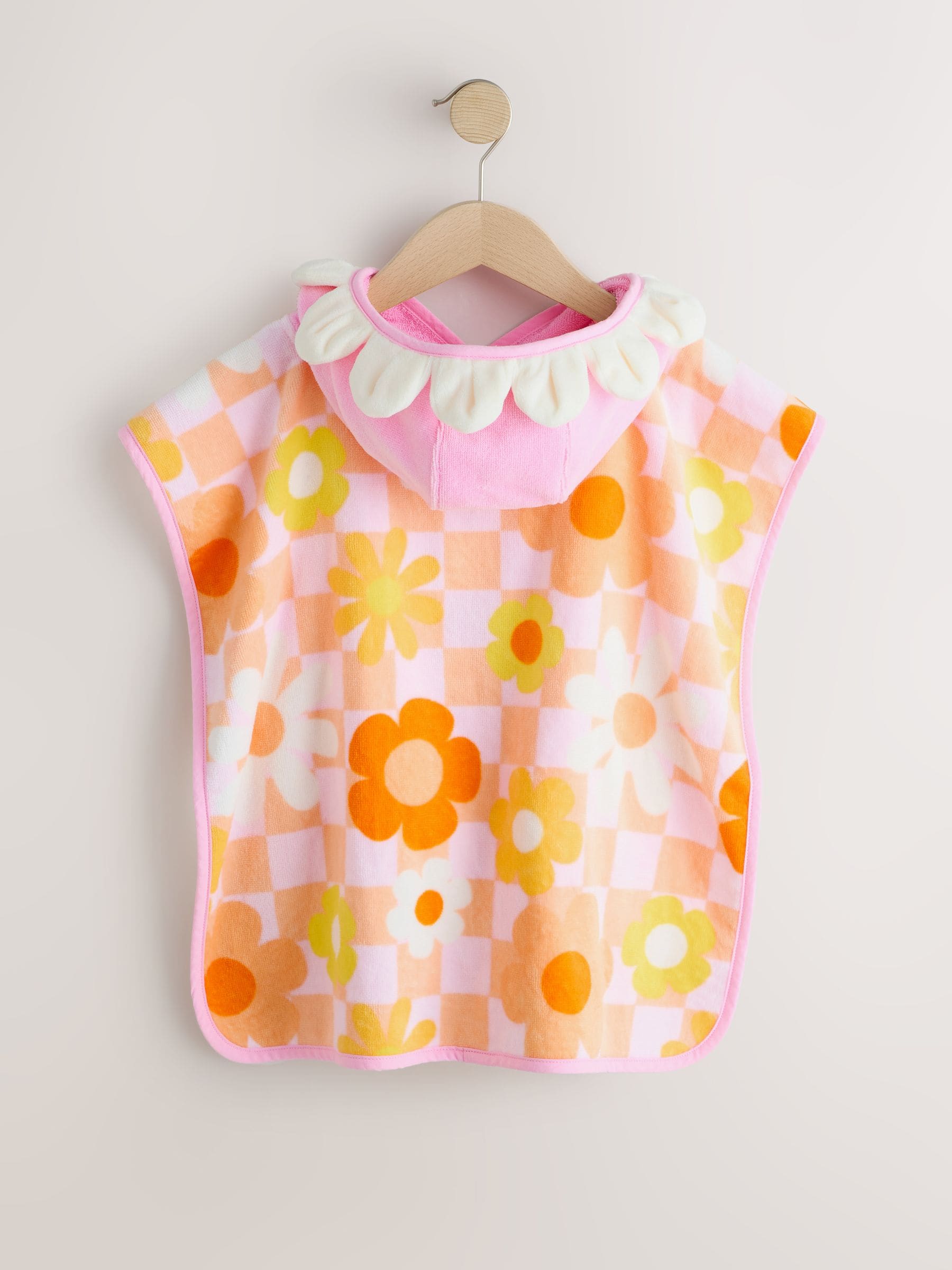 Pink/Orange Checkerboard Floral Towelling Poncho (9mths-10yrs)