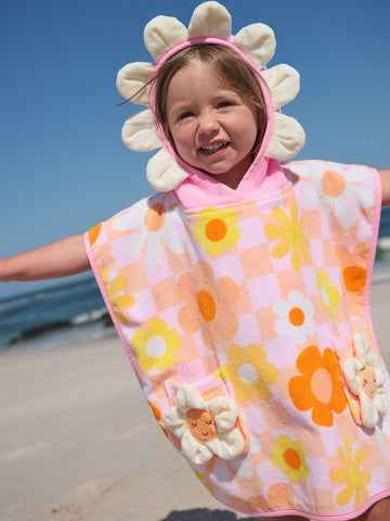 Pink/Orange Checkerboard Floral Towelling Poncho (9mths-10yrs)