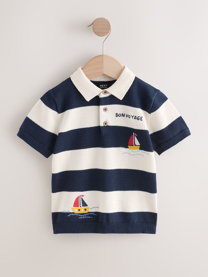 Navy Blue Boat Character Button Neck Knitted Polo Shirt (3mths-7yrs)