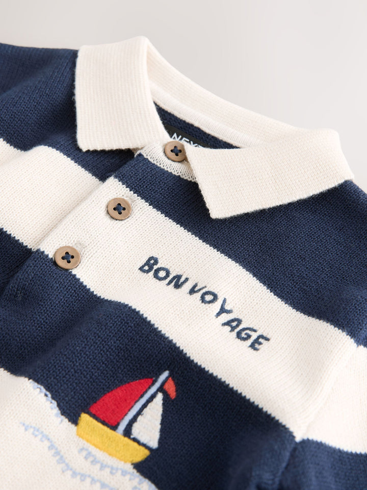 Navy Blue Boat Character Button Neck Knitted Polo Shirt (3mths-7yrs)