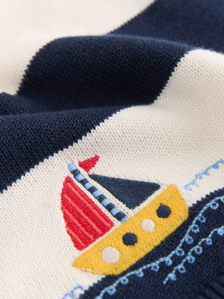 Navy Blue Boat Character Button Neck Knitted Polo Shirt (3mths-7yrs)