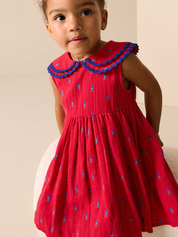 Red Ditsy Ric Rac Collar Dress (3mths-8yrs)