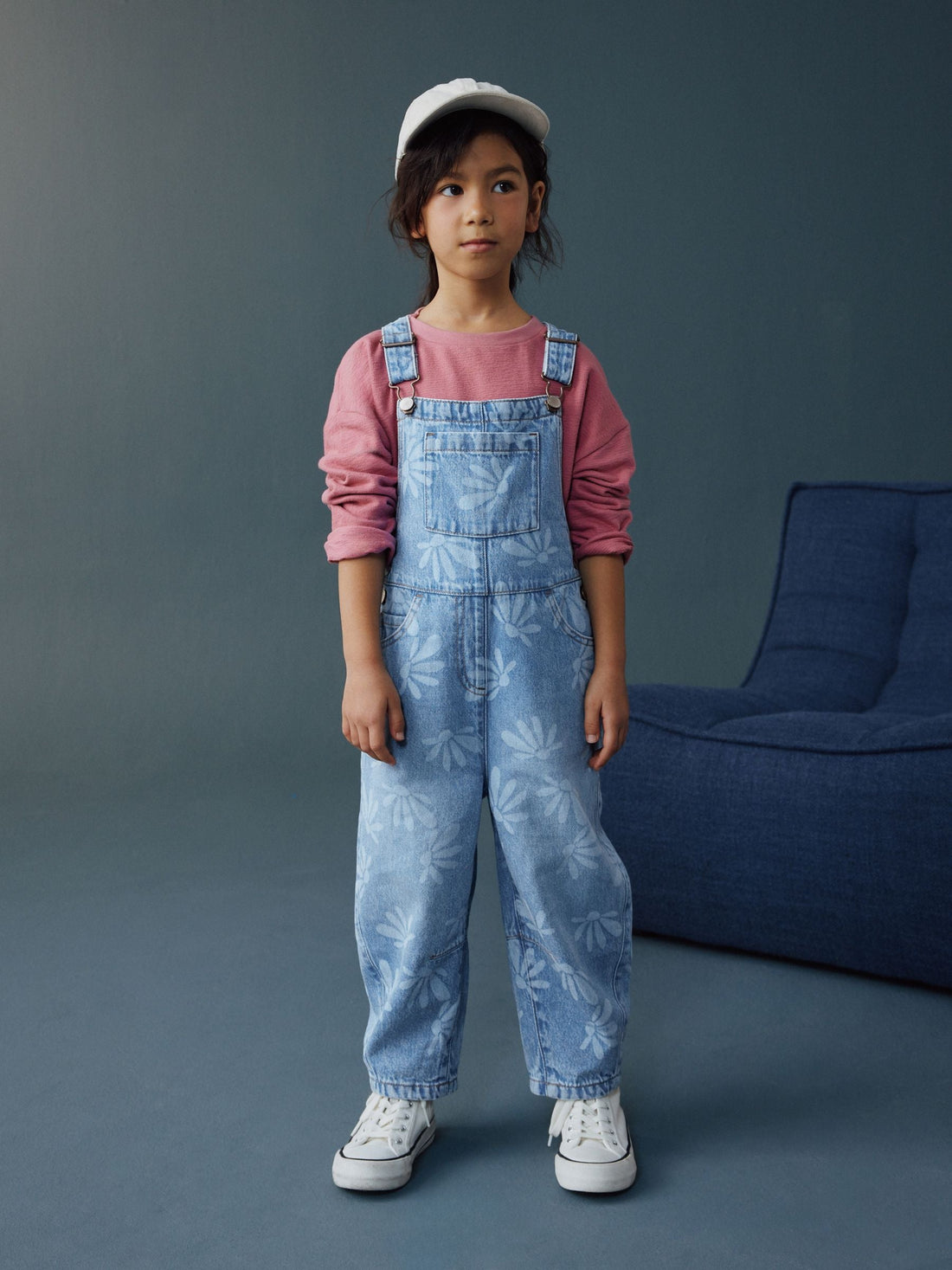 Mid Blue Daisy Printed Dungaree (3-16yrs)