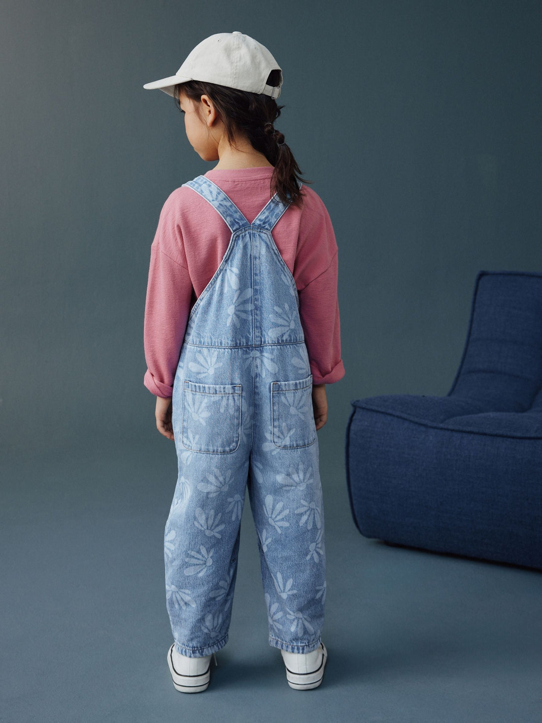 Mid Blue Daisy Printed Dungaree (3-16yrs)