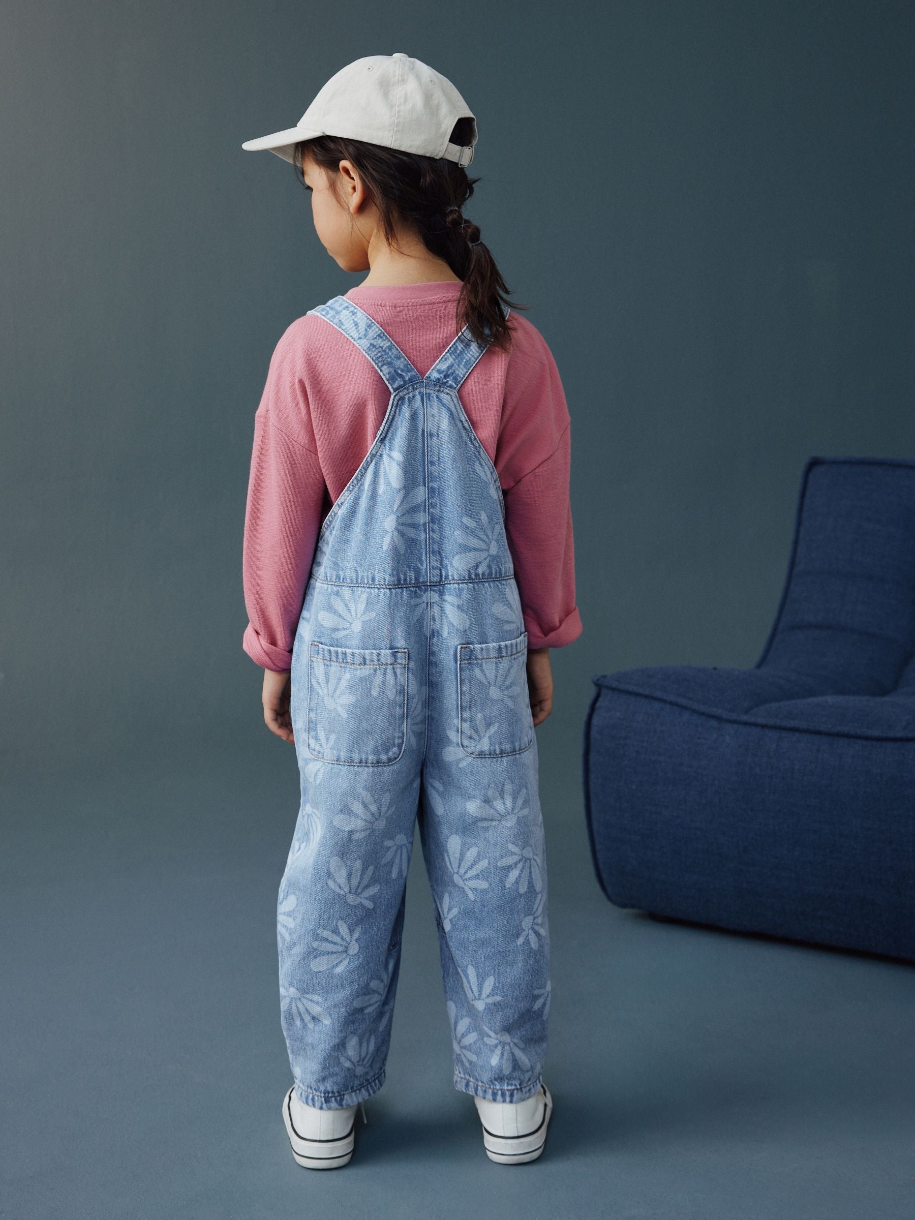 Mid Blue Daisy Printed Dungaree (3-16yrs)