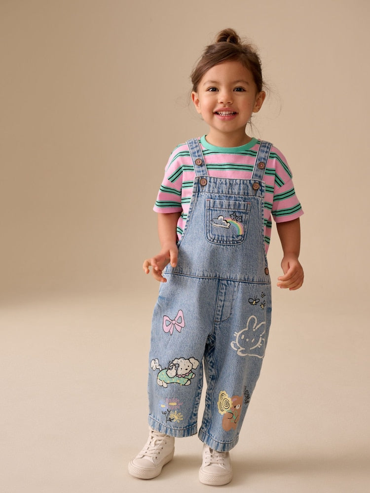 Mid Blue Cat Printed Denim Dungarees (3mths-7yrs) - Image 1 of 9