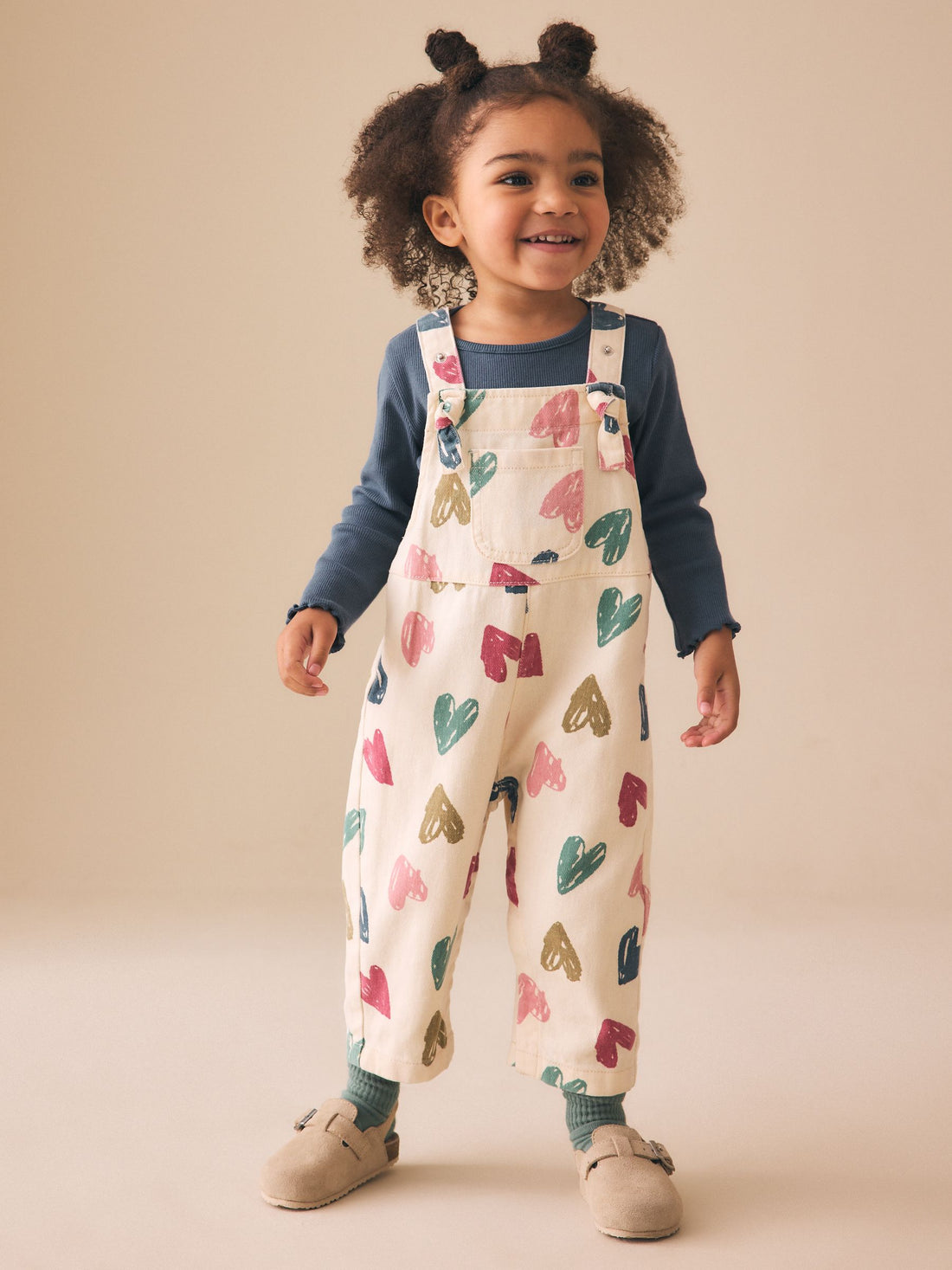 Ecru Heart Print Dungarees and T-Shirt Set (3mths-7yrs)