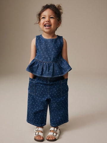 Dark Blue Floral Printed Denim Top and Trousers Set (3mths-7yrs) - Image 1 of 9