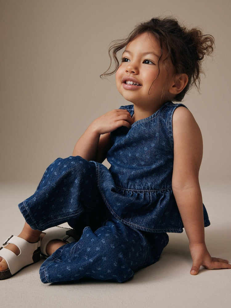 Dark Blue Floral Printed Denim Top and Trousers Set (3mths-7yrs) - Image 1 of 9