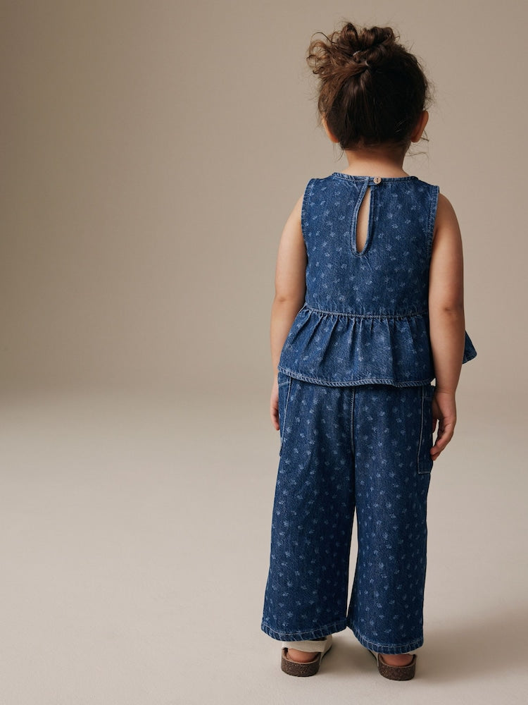 Dark Blue Floral Printed Denim Top and Trousers Set (3mths-7yrs) - Image 3 of 9