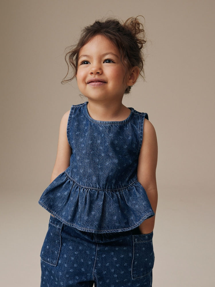 Dark Blue Floral Printed Denim Top and Trousers Set (3mths-7yrs) - Image 4 of 9