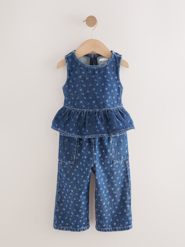 Dark Blue Floral Printed Denim Top and Trousers Set (3mths-7yrs) - Image 5 of 9