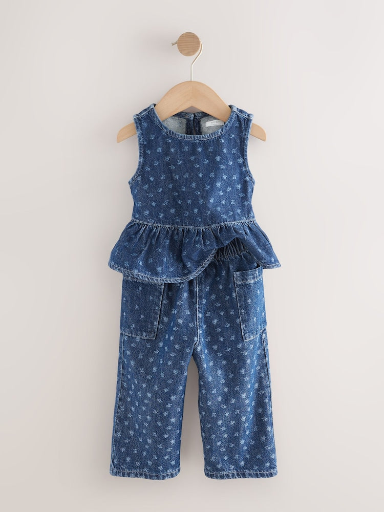 Dark Blue Floral Printed Denim Top and Trousers Set (3mths-7yrs) - Image 6 of 9