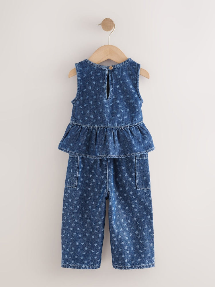 Dark Blue Floral Printed Denim Top and Trousers Set (3mths-7yrs) - Image 7 of 9