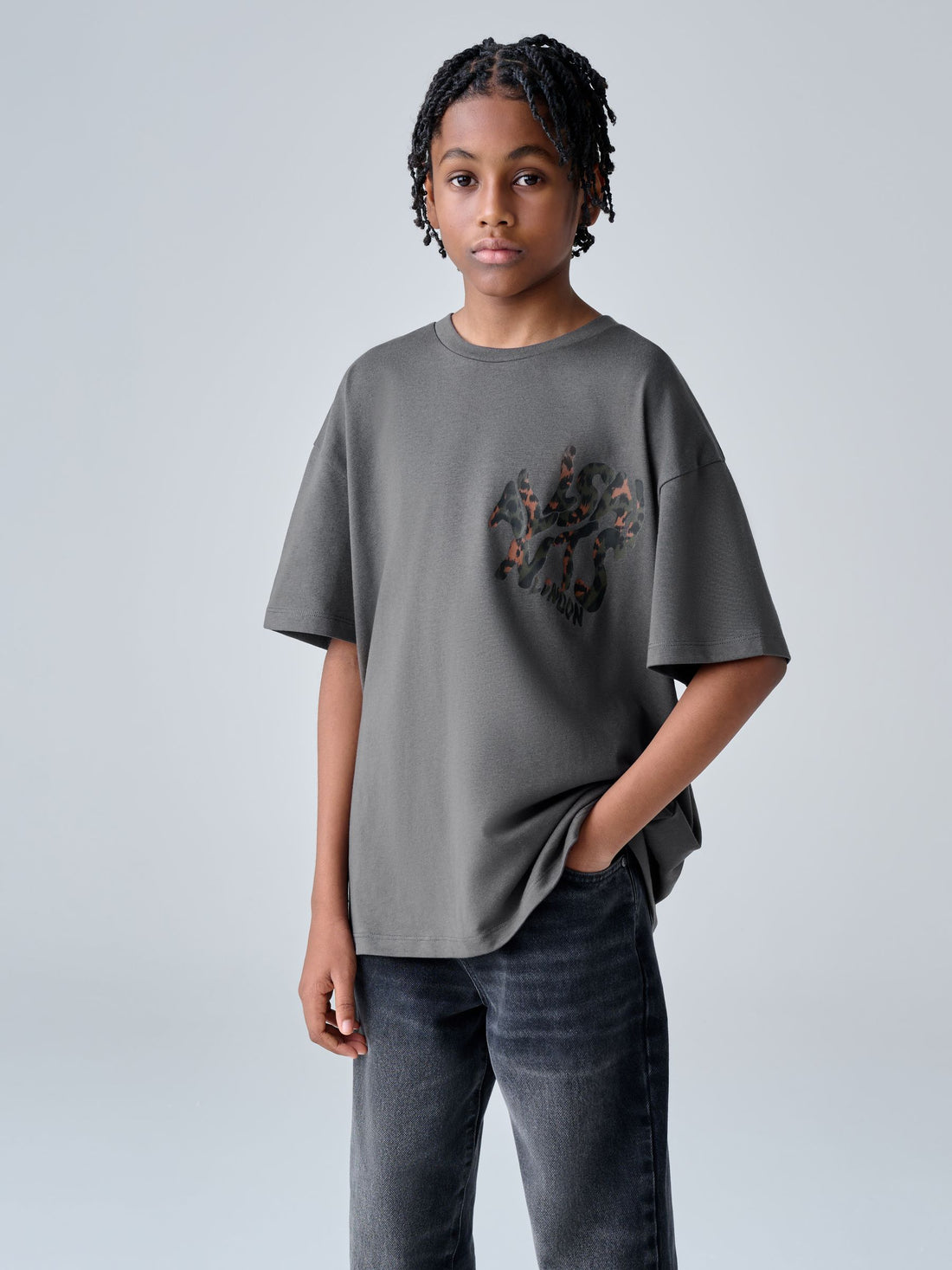 smALLSAINTS Charcoal Grey/Leopard Oversized Orlando Logo Crew Neck T-Shirt