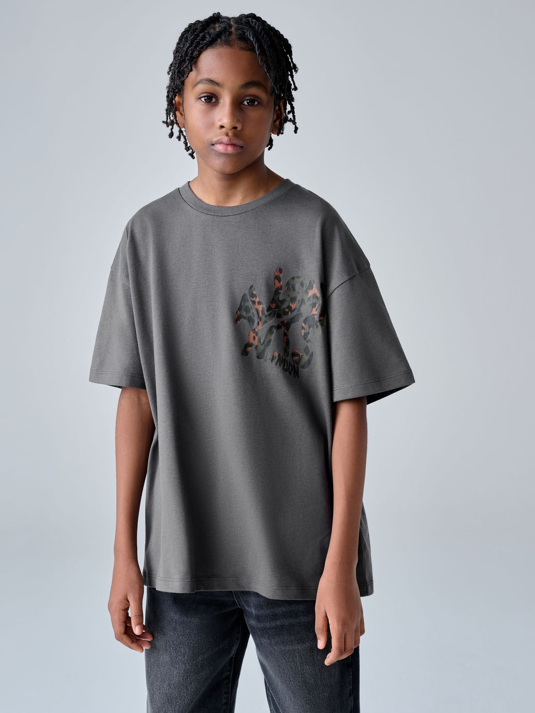 smALLSAINTS Charcoal Grey/Leopard Oversized Orlando Logo Crew Neck T-Shirt