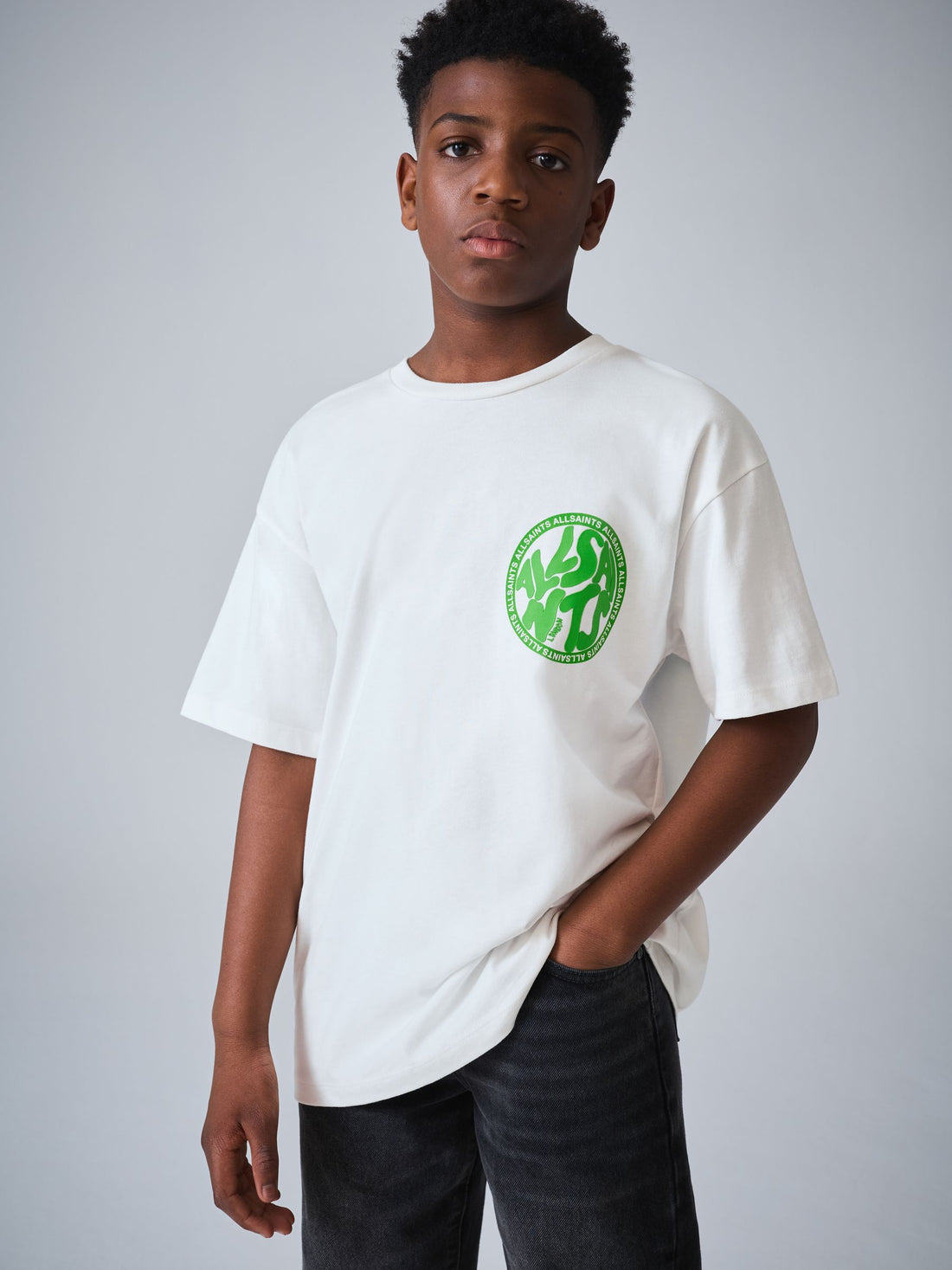 smALLSAINTS White/Green Oversized Distortion Crew Neck Cotton T-Shirt