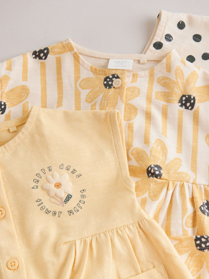 Yellow Floral Button Through Button Through Baby Rompers 3 Pack
