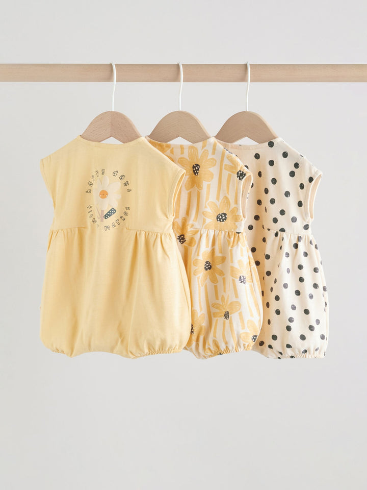 Yellow Floral Button Through Button Through Baby Rompers 3 Pack