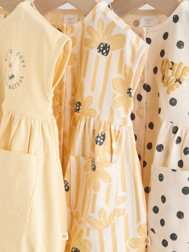 Yellow Floral Button Through Button Through Baby Rompers 3 Pack