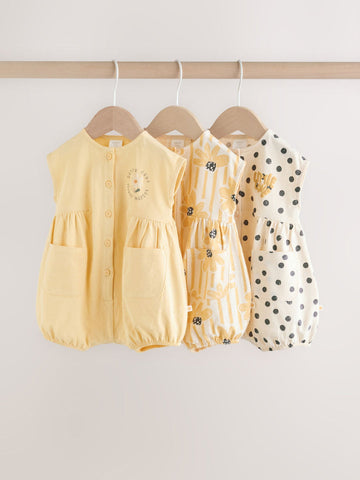 Yellow Floral Button Through Button Through Baby Rompers 3 Pack