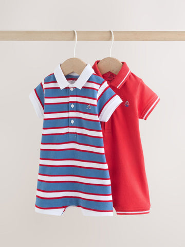 Red/Blue Rugby Striped Smart Collar Baby Rompers 2 Pack