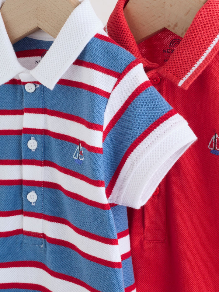 Red/Blue Rugby Striped Smart Collar Baby Rompers 2 Pack