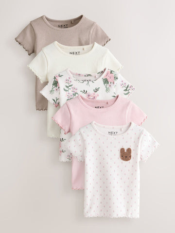 Pink Ribbed Short Sleeve Tops 5 Pack (3mths-7yrs)